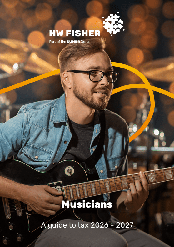 Musician playing guitar on the cover of HW Fisher Musicians Tax Guide